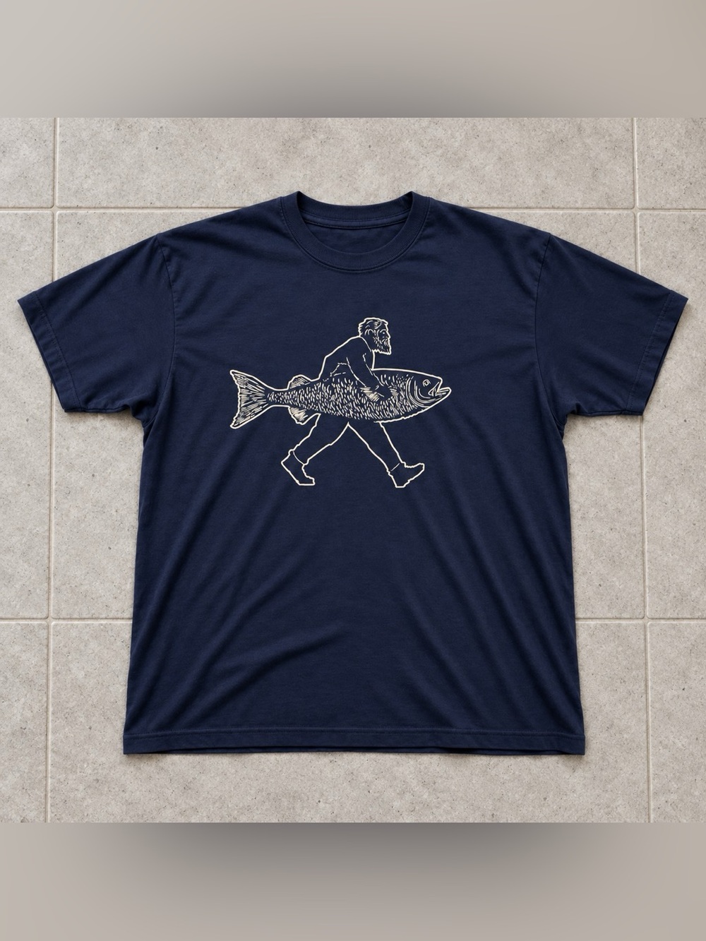 Gildan Man Carrying Fish Graphic T-Shirt Navy Blue For Unisex